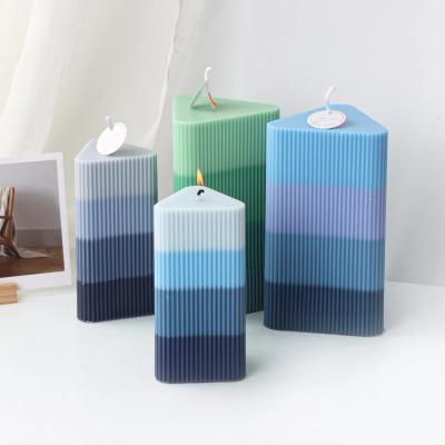 China Custom Blue Craft Candle Triangular Striped Colored Pillar Candle Home Decor Art Candles for sale