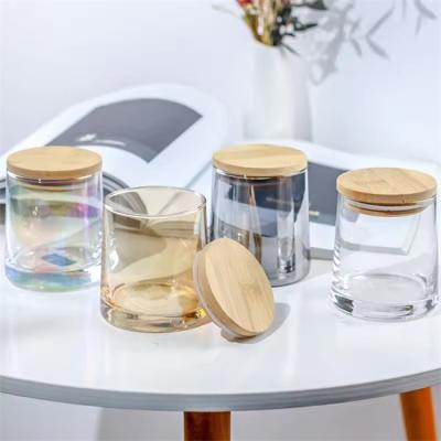 China Glass Candle Jar Empty Cup Candle Holder With Wooden Lid Votive Container Bedroom Decoration for sale