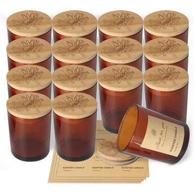 China 6oz Amber Candle Jars With Bamboo Wooden Lids And Sticky Labels Empty Glass For Making Candles for sale