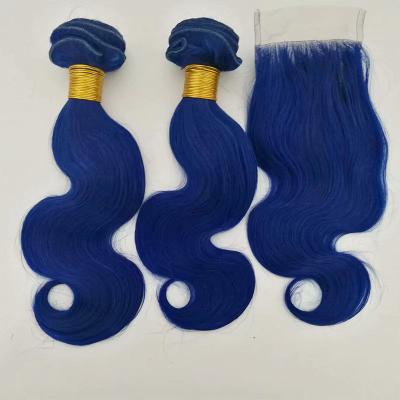 China Brazilian Blue Human Hair Weave Body Wave Blue Human Hair Bundles With Lace Closure Fashion Dark Blue Weave for sale