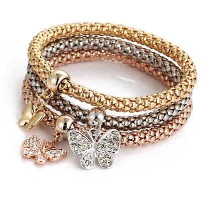 China 2021 3 PCs Cute Hot Selling Crystal Butterfly Heart Lock Charm Bracelet Elastic Bracelets Set For Women for sale