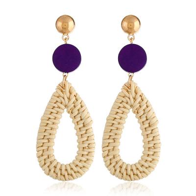 China BOHEMIA Bohemian vintage geometric circular handmade straw and rattan boho woven earrings for sale