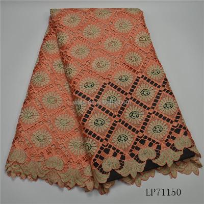 China LP71150 Sustainable Peach Color Diamond Pattern Guipure Cord Lace Fabric With Stones for sale