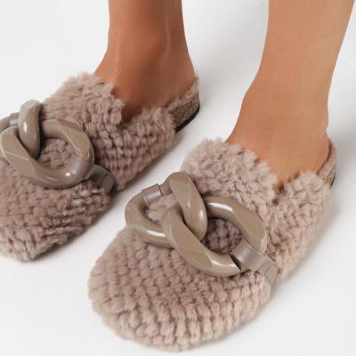 China CUSHIONING Wholesale Camel Plush Mules Loafers With Slides Chain Sandal For Women Fur Slippers Slipper Sandals Shopify Amazon Ladies OEM for sale