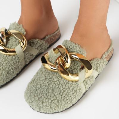 China CUSHIONING Mules Wholesale Chain Loafers Gold Green Plush Slides Sandal For Women Fur Slippers Slipper Sandals Shopify Amazon Ladies OEM for sale