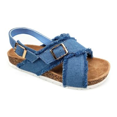 China Fashion Trend Customized Cross Strap Jeans Flat Sandal For Women Raw Cork Cross Strap Ladies Shoes OEM Slide Sandals Summer Slipper Edge Denim for sale