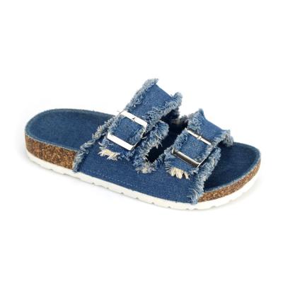 China Fashion Trend Factory Edge Jeans Denim Vintage Slip Cork Sandal For Women Double Buckle Slide Sandals Summer Slippers Ladies Shoes OEM Wholesale for sale