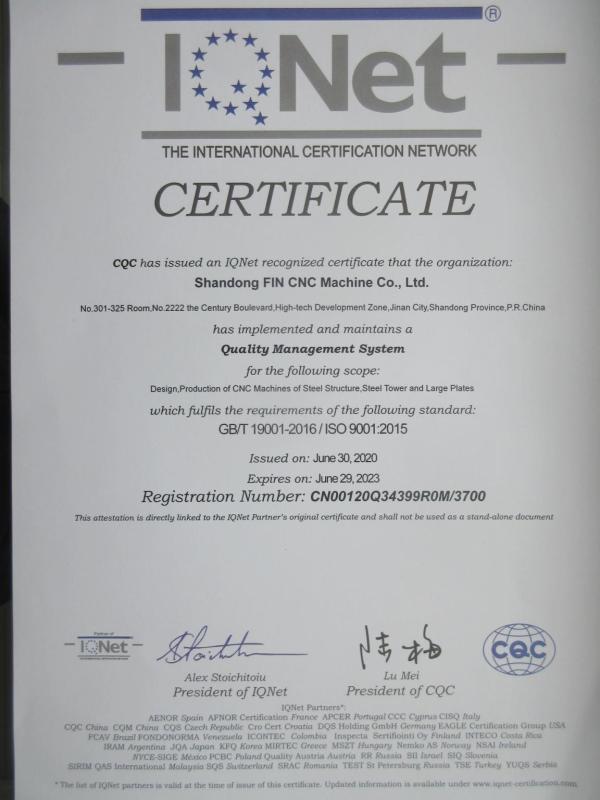 ISO9001 - Shandong Fin Cnc Machine Co., Ltd.