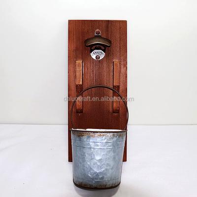 China Europe Wall Hanging Beer Bottle Opener Old Finish Wooden Board And Half Round Metal Bucket for sale