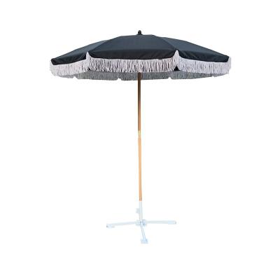 China Modern Custom Printing Wooden Pole Beach Umbrella Parasol With Tassels Outdoor Sun Umbrella for sale