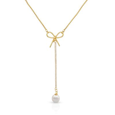 China Vintage Chril April 925 Sterling Silver Gold Plated Bowknot Pearl Necklaces For Women for sale