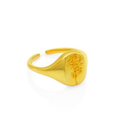 China Chris April Fine TRENDY Jewelry 925 Sterling Silver Gold Plated Carving Flower Rose Mirror Seal Adjustable Ring for sale