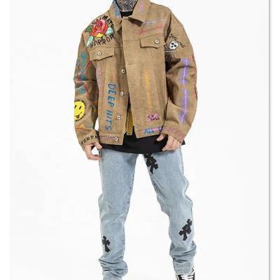 China Hot sale mens hip hop coat streetwear print custom brown wash denim jacket QUICK DRY unisex hot sale denim jacket for men for sale