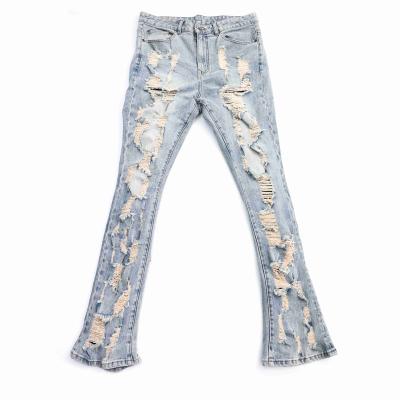 China New autumn design fashion QUICK DRY destroy streetwear fashion ripped man denim pants light blue lattice support custom for sale