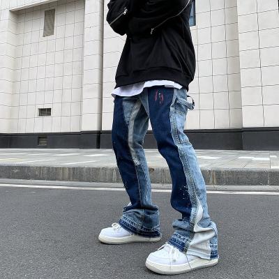 China QUICK DRY Custom Vintage Distressed Splatter Ink Flare Jeans Mens Streetwear Patchwork Heavy Wash Denim Slim Fit Pants for sale