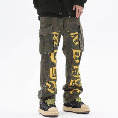 China Custom QUICK DRY chicano gothic embroidery with pockets camouflage cargo jeans for men Streetwear straight loose denim pants for sale