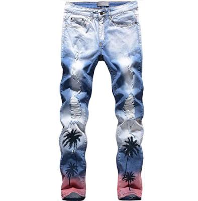 China Custom QUICK DRY Logo Palm Pattern Men Jeans Washed Stretch Fit Slim Straight Loose Digital Printed Jean Denim Pant for sale