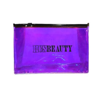 China Recyclable waterproof purple transparent hologram PVC plastic zipp bag with black ziplck makeup packing brush for sale