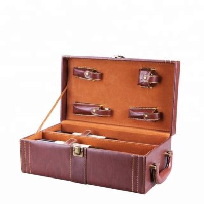 China Handmade Luxury Leather 2 Bottles Leather Wine Carrier With Accessories for sale