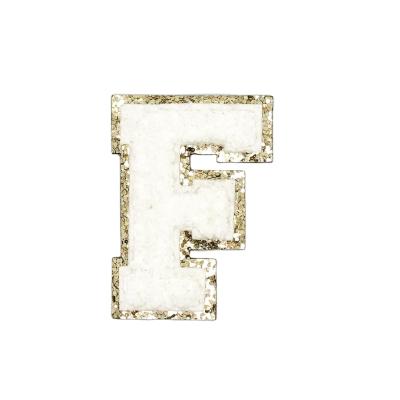 China Viable Custom Embroidered Chenille Patch Of Gold Glitter White Varsity Letter F for sale