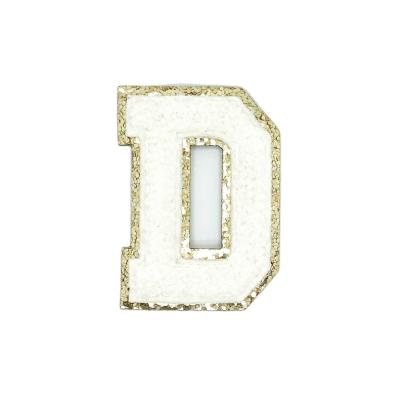 China Viable Custom Embroidered Chenille Patch Of Gold Glitter White Varsity Letter D for sale