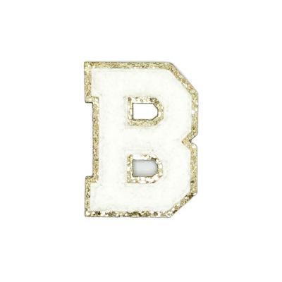 China Viable Custom Embroidered Chenille Patch Of Gold Glitter White Varsity Letter B for sale