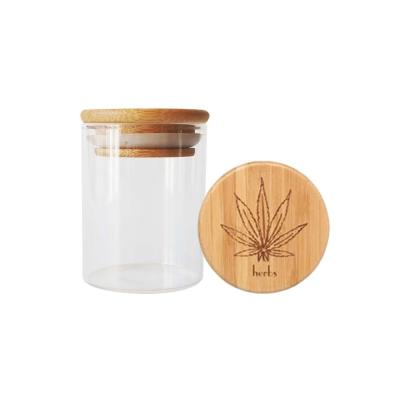 China Wood Suction Lid Borosilicate Glass Jar 1-18oz Wide Mouth canabiss Flower Jar for sale