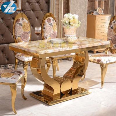 China Hot Selling Gold Modern Stainless Steel Frame Modern Dining Table Set With Marble Top Home Furniture for sale