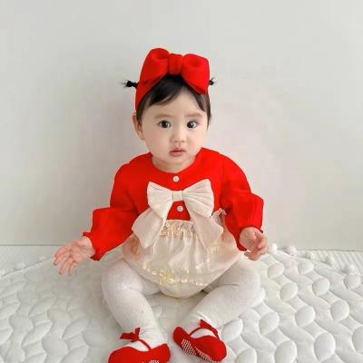 China 100% Cotton Christmas Baby Clothing Baby Girl Big Bow Long Sleeve Color Collision Round Neck Baby Christmas Romper for sale