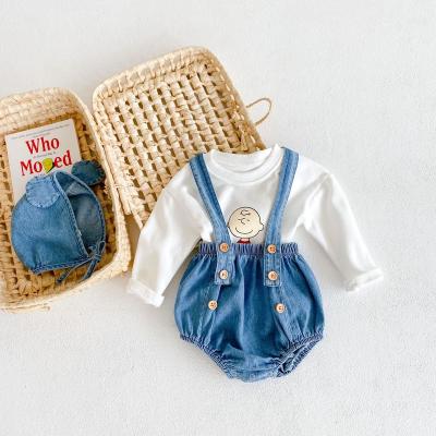 China 100% Cotton Wholesale Baby Clothing Sets Girl Cotton Denim Suspenders Pants Baby Clothing Sets for sale