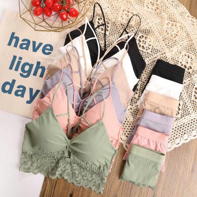 China Wire Free Jacquard Yarn Ladies Bralette Girls Cross Back Crop Briefs V-Neck Protective Top Women Sexy One Piece Bra Lace Up Panties Bra Set for sale