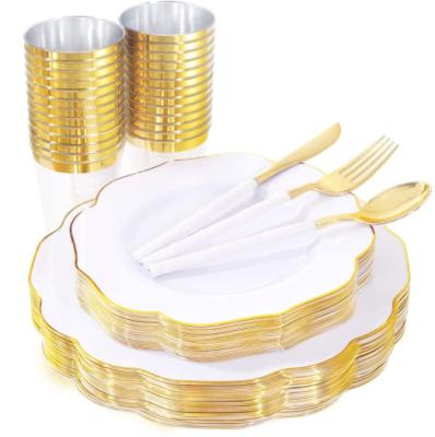 China Morden 180PCS Luxury White and Gold Plastic Dishes with Bamboo Design Disposable Plastic Silverware for sale