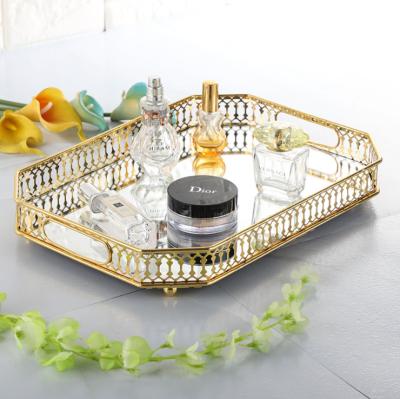 China Gold Mirror Jewelry Tray Display Stand Decorative Round Ring Case Makeup Home Decor Viable Gifts For Women for sale