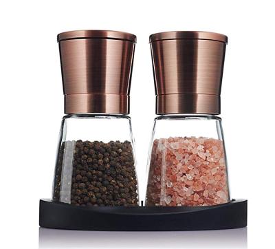 China 2019 Sustainable NEW Arrive 2 Pack Copper Colored Salt and Pepper Grinder Set with Black Silicon Holder for sale