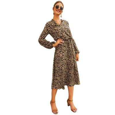 China Size 2022 Boho Women V Neck Maxi Dress Autumn Leopard Print Long Sleeves A Button Casual Breathable High Skirt Maxi Dresses for sale