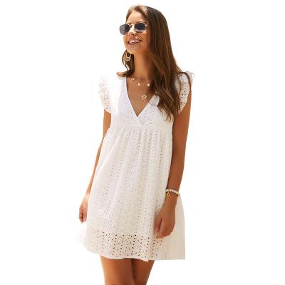 China Breathable Summer Solid Color Beach Lace Edge V-Neck Holiday Vintage Women Dress Women Dress For Boho Sleeveless Casual Dress for sale