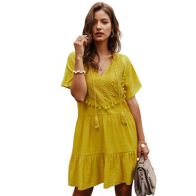 China Elegant Summer 2022 Breathable Women's Dresses For Women Solid Color Drawstring Mid Length Boho Floral Casual Dress Holiday Skirt for sale