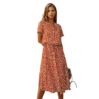 China Breathable Dresses For Women 2022 Summer Polka Dot Short Sleeve Mid Length Skirt Shirt Collar Floral Print Slim Casual Dress for sale