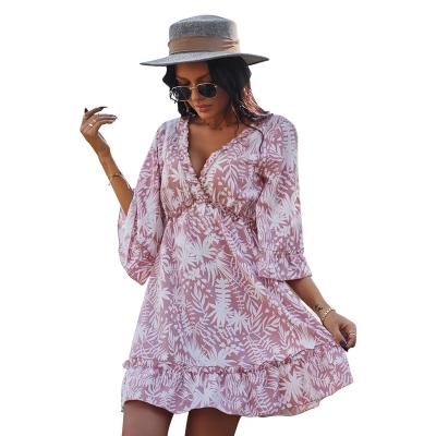 China Breathable Women's Mid Length Dress With Maple Leaf Print Half Sleeve Shirt Skirt Fashion Women's V-Neck Vacation Casual Dress for sale