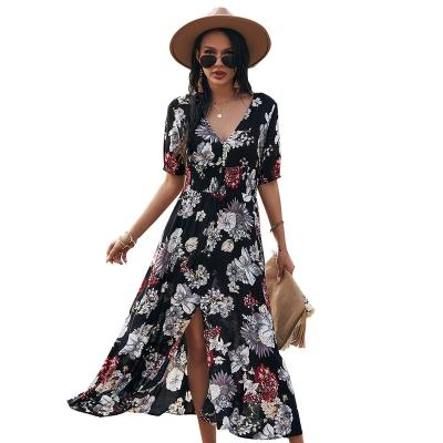 China Bohemia Women V Neck Maxi Dresses Floral Print Autumn Beach Breathable Casual Dress Loose And Comfy Short Sleeve Vestidos for sale