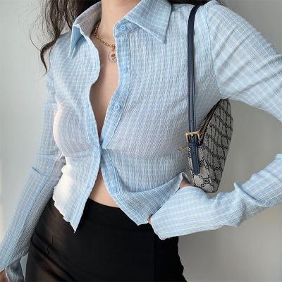 China Breathable Ladies Chiffon Plaid Blouse Flared Cuffs Long Sleeve T-shirt Fitness Breathable Casual Tops Women Clothing for sale