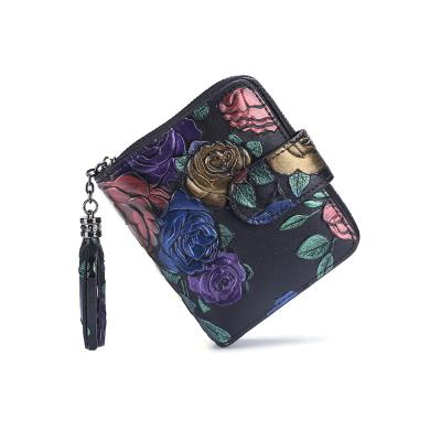 China Leath Layer Card Holder Rose Pattern Waterproof Luxury Multi Genuine Leather Ladies RFID Wallet for sale