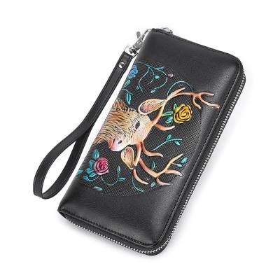 China Handbags Embroidery Pattern Waterproof Luxury Leather Wallet RFID Blocking Zipper Long Woman Wallet for sale