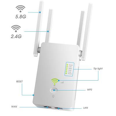 China Home Extra 1200Mbps 2.4G 5GHz WiFi Dual Band Wireless Repeater Range Wireless WiFi Signal Booster for sale