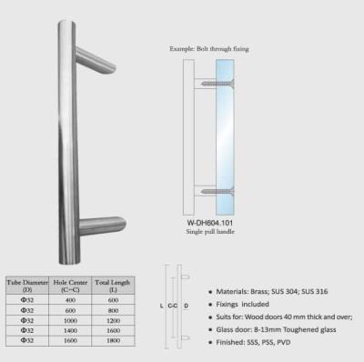 China wooden door handles brass / SUS entry door handles set Dia. 32mm tub L600-L1800 W-DH604 glass door  handle for sale