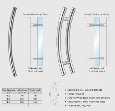 China Modern curve Bar timber Door Handle Pull push Glass door Entry Exterior Interior Gate Entrance Brushed Finish W-DH610 for sale