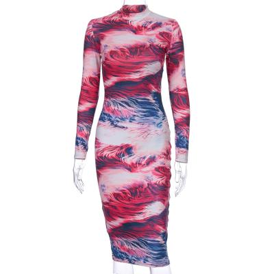 China Anti-Wrinkle Fashion Print Long Sleeve Midi Dresses Slim Stand Neck Bodycon Female Casual Dress Vestido Autumn Winter 2019 for sale