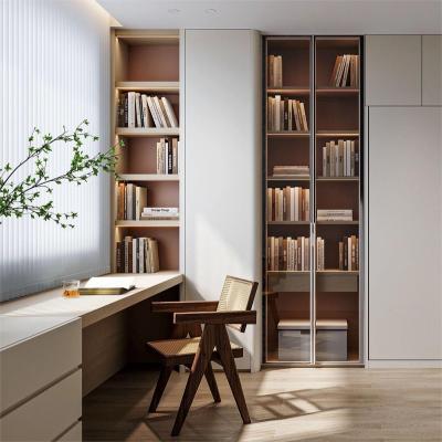 China Customized Gray Skin Touch Storage Bookshelf Minimalist Living Room Bookcase Customized Wooden Cabinet for sale