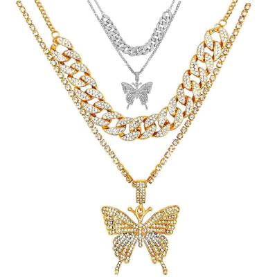 China Gold Diamond Cuban Link Iced Out Silver Crystal Choker Women Designer Necklaces Vintage Butterfly Necklace Chains Butterfly Jewelry for sale