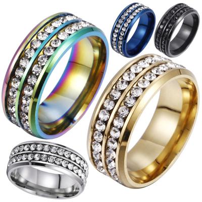 China Women Men Religious Double Rows Ring For Mens Womens Jewelry Wedding Crystal Finger Rings Rhinestone Stainless Steel Wholesale Gift for sale